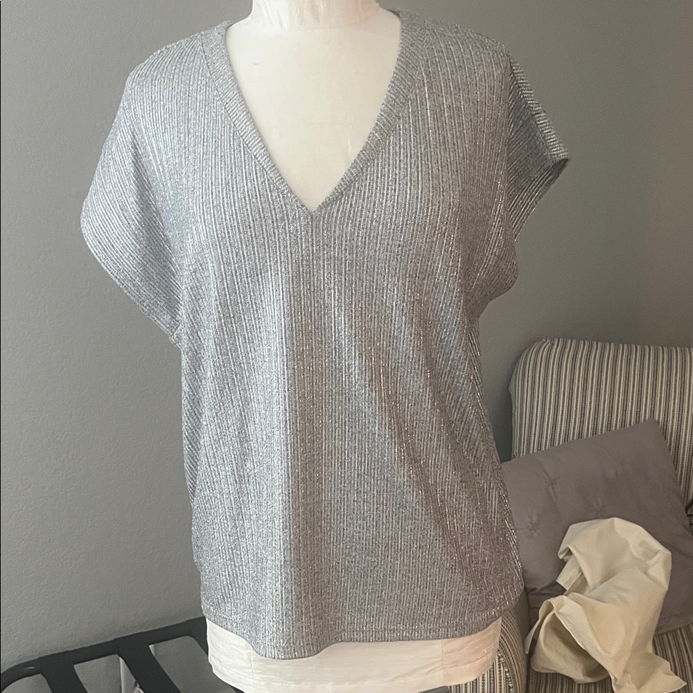 White House Black Market Shimmering Silver V-Neck Top
